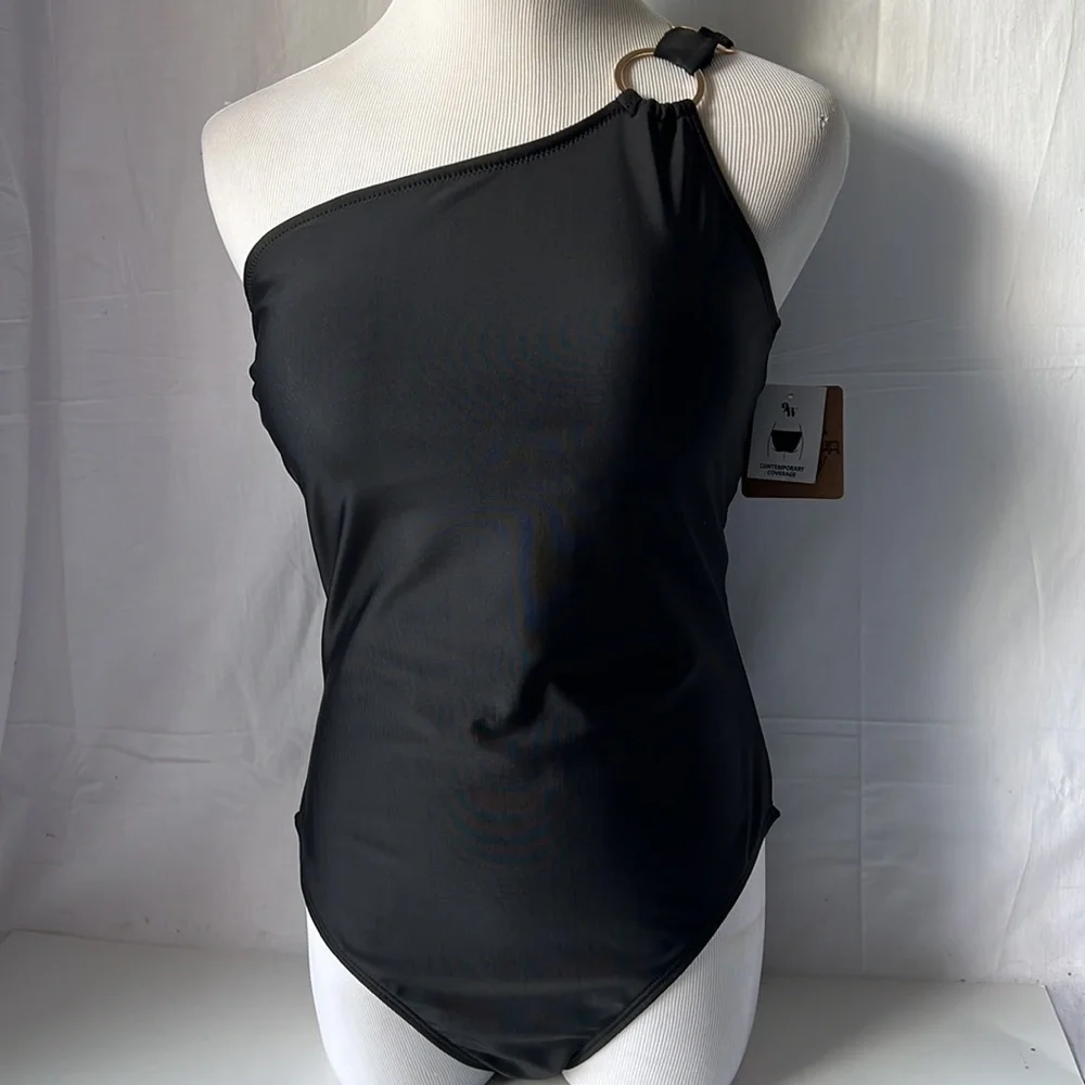 Nine West Women Swimsuit Black One Piece One Shoulder New Large - Picture 2 of 14
